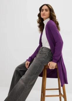 Damen bonprix Strickmode|Pullover & Strickjacken|Longstrickjacke mit Rollkanten