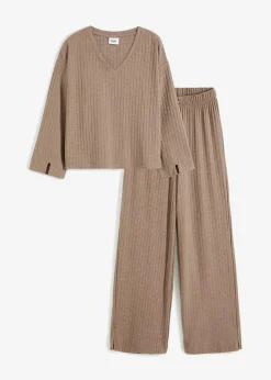 Damen bonprix Wäsche·Homewear|Wäsche·Nachtwäsche|Loungewear Hausanzug mit weitem Bein aus weicher Rippe