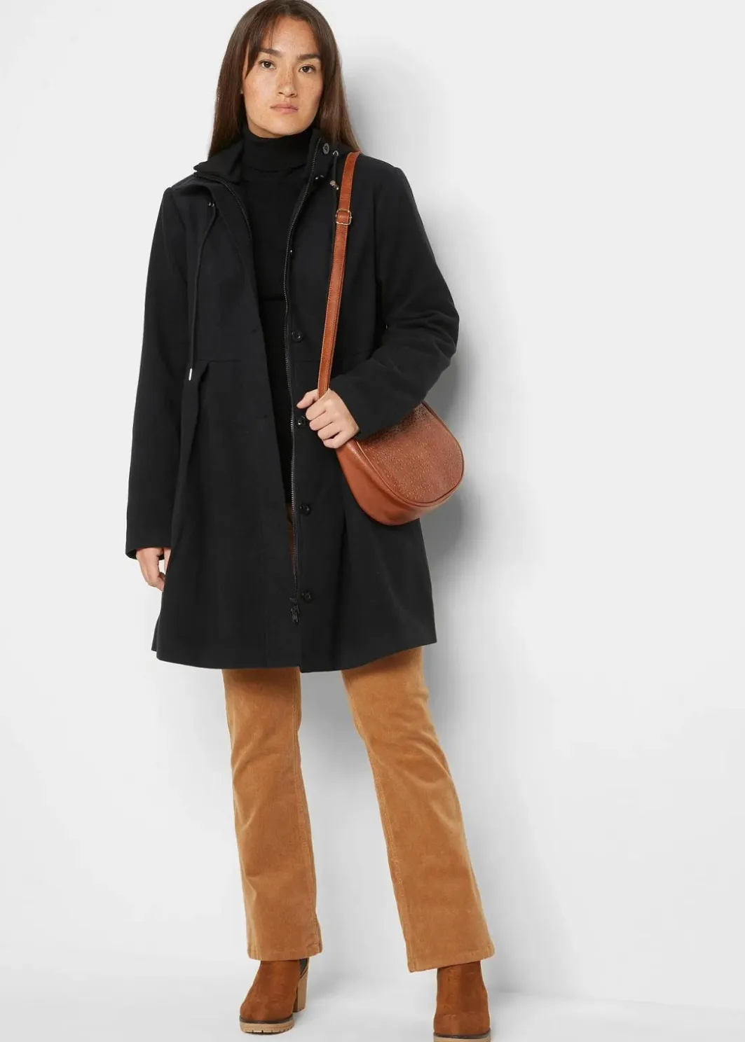 Damen bonprix Bekleidung·Hosen|Jacken & Mäntel|Mantel mit Kapuze und Bundfalten, A-Linie