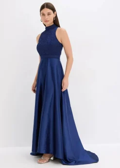 Maxikleid aus glänzendem Satin mit Spitze Damen Bekleidung·Pullover & Strickjacken|Festliche Mode