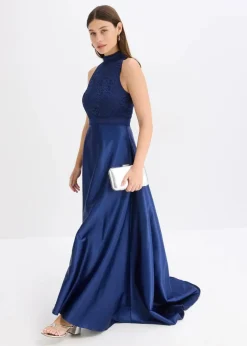 Maxikleid aus glänzendem Satin mit Spitze Damen Bekleidung·Pullover & Strickjacken|Festliche Mode