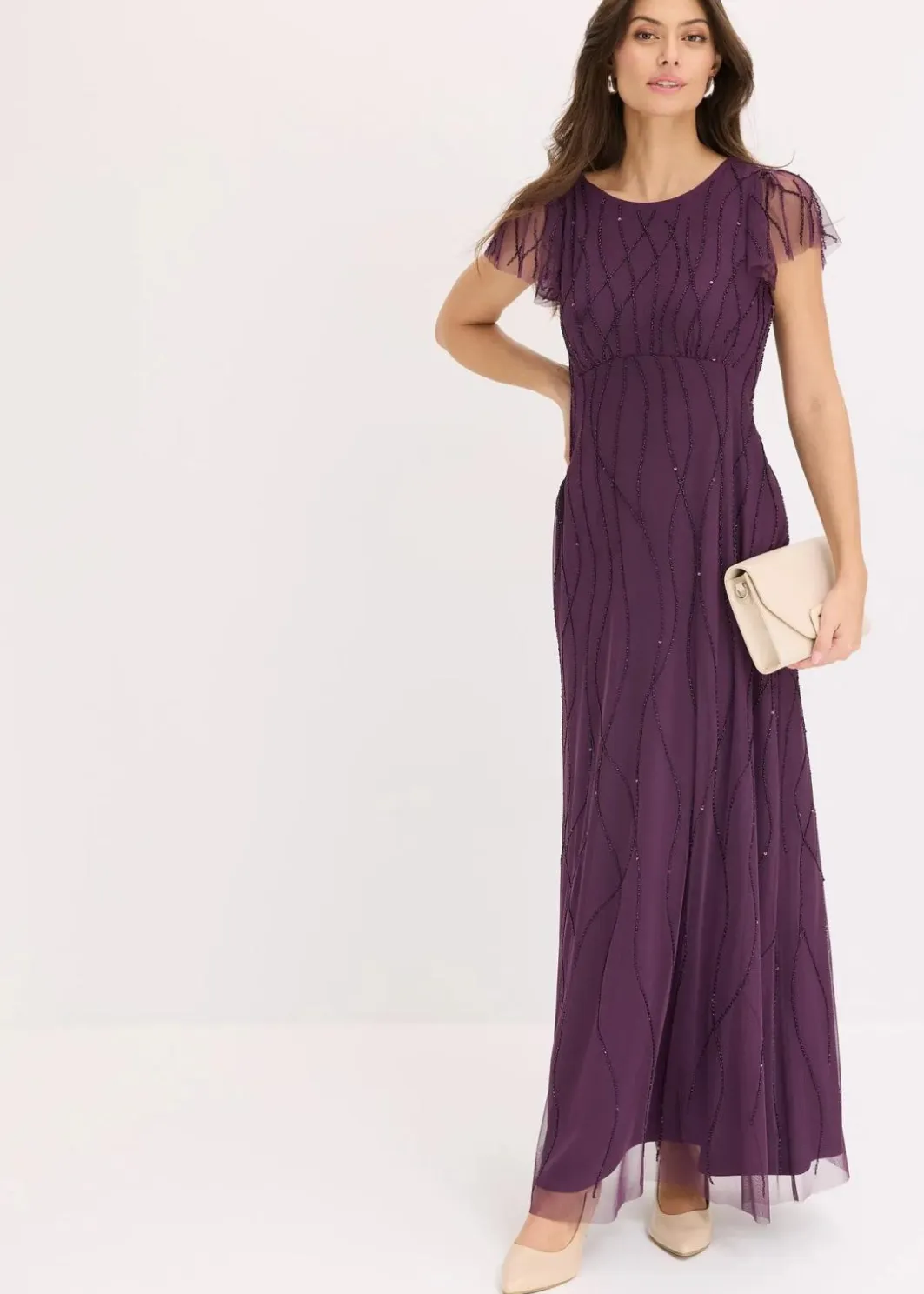 Damen bonprix Bekleidung·Pullover & Strickjacken|Festliche Mode|Maxikleid aus zartem Tüll mit Perlenstickerei