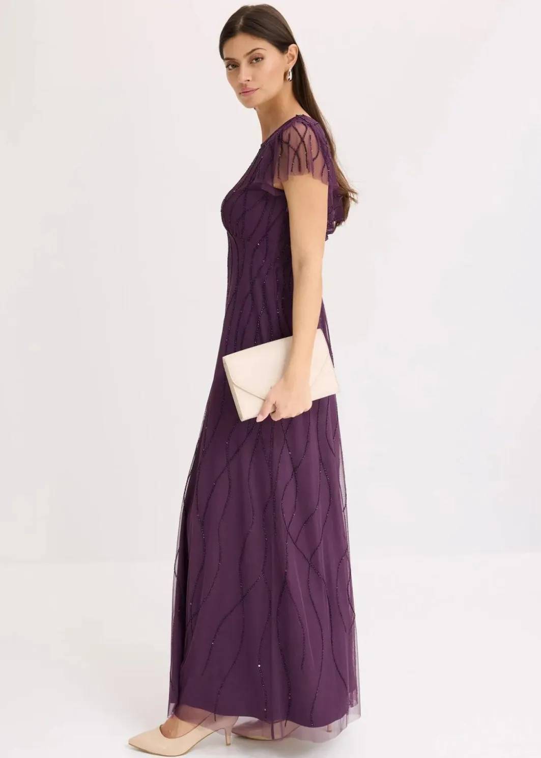 Damen bonprix Bekleidung·Pullover & Strickjacken|Festliche Mode|Maxikleid aus zartem Tüll mit Perlenstickerei