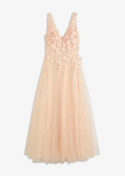 Damen bonprix Festliche Mode|Kleider|Maxikleid aus zartem Tüll mit Blumen-Applikation