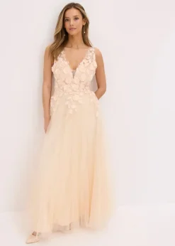 Damen bonprix Festliche Mode|Kleider|Maxikleid aus zartem Tüll mit Blumen-Applikation