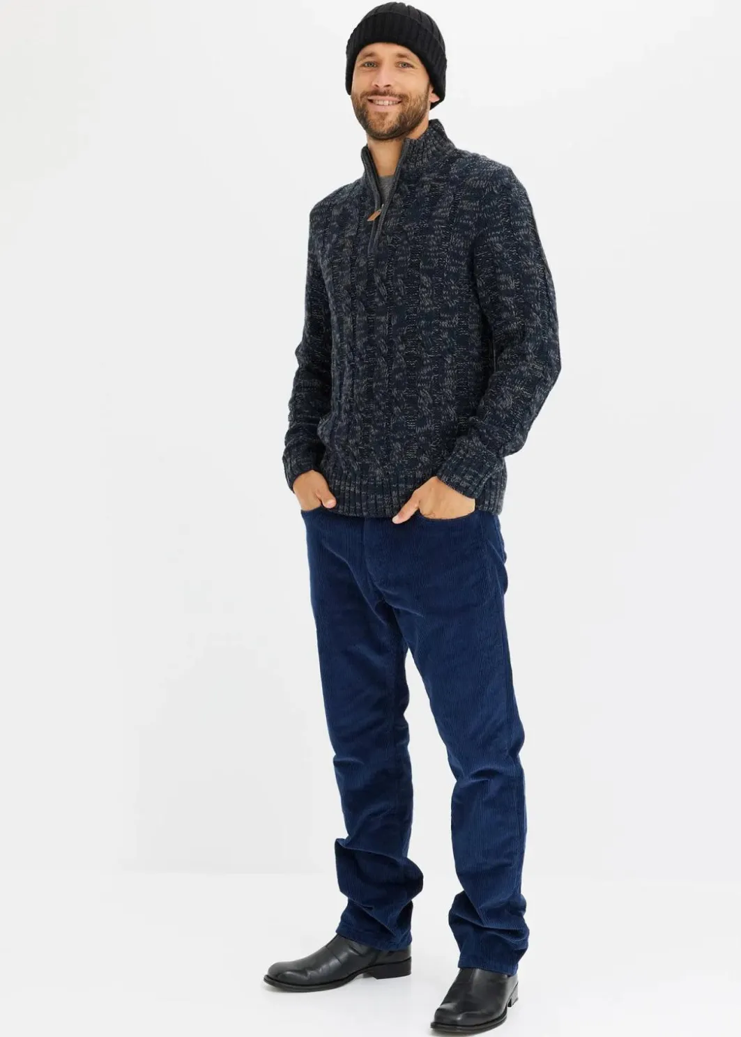 Herren bonprix Große Größen|Pullover & Strickjacken|Melierter Troyer-Pullover mit Zopfmuster