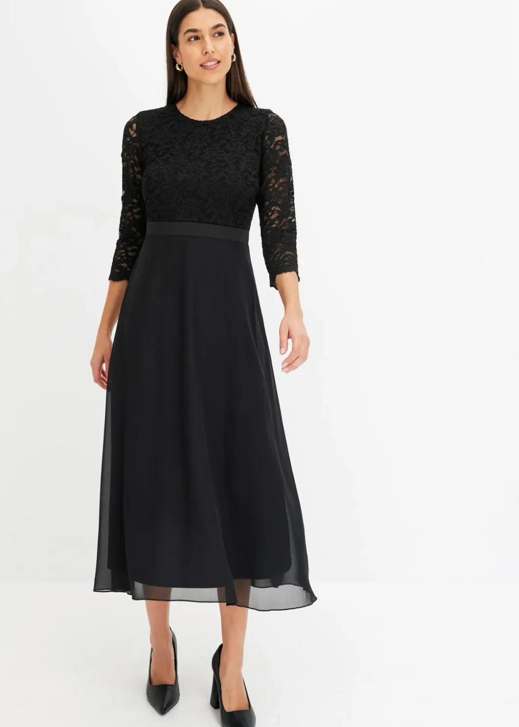 Damen bonprix Kleider|Festliche Mode|Midikleid aus leichtem Chiffon mit Spitzen-Oberteil