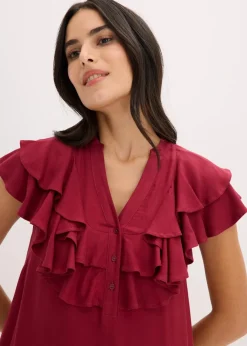 Damen bonprix Kleider|Bekleidung·Pullover & Strickjacken|Midikleid mit Volants aus strukturiertem Crêpe