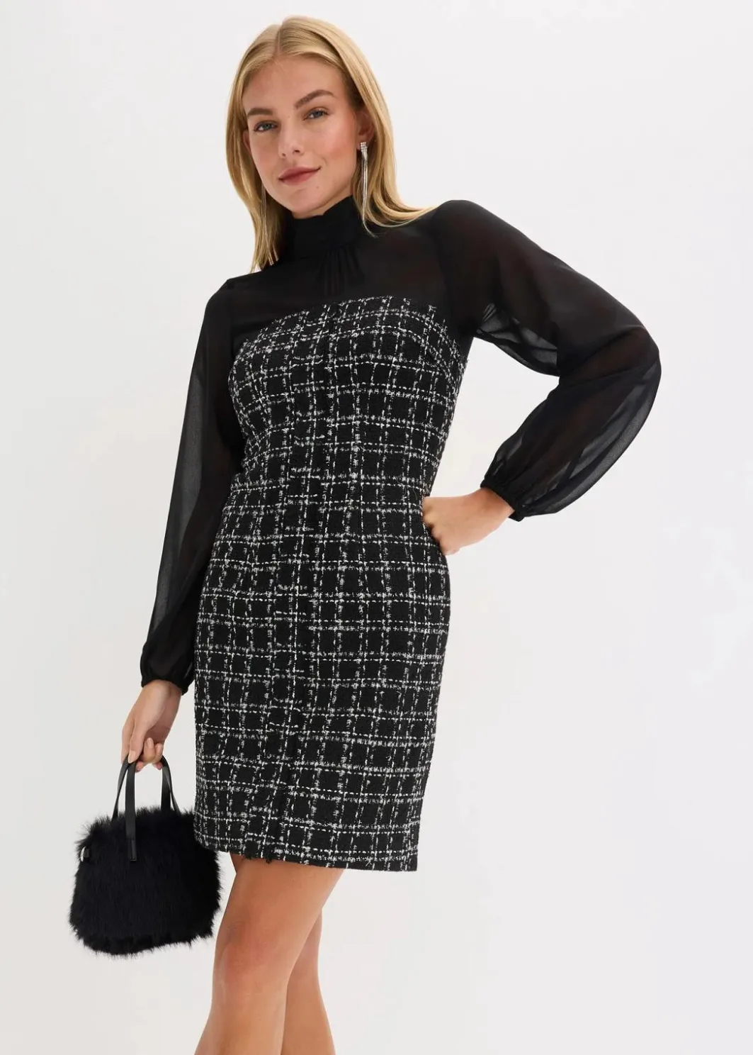 Damen bonprix Bekleidung·Pullover & Strickjacken|Minikleid aus Bouclé mit Chiffon Ärmeln