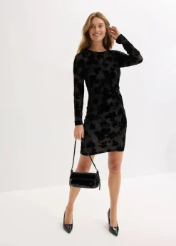 Damen bonprix Bekleidung·Pullover & Strickjacken|Festliche Mode|Minikleid aus feinem Mesh mit Flockprint