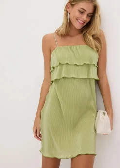 Damen bonprix Kleider|Minikleid mit Plissee und Strass-Trägern