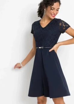 Damen bonprix Festliche Mode|Kleider|Minikleid mit Spitze und Gürtel