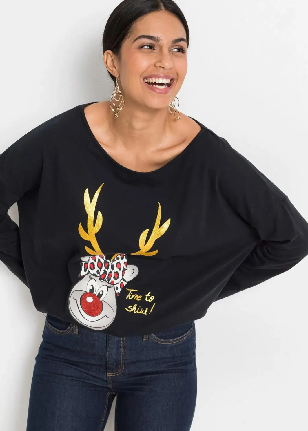 Damen bonprix Shirts & Tops|Off-Shoulder-Shirt mit Weihnachtsmotiv
