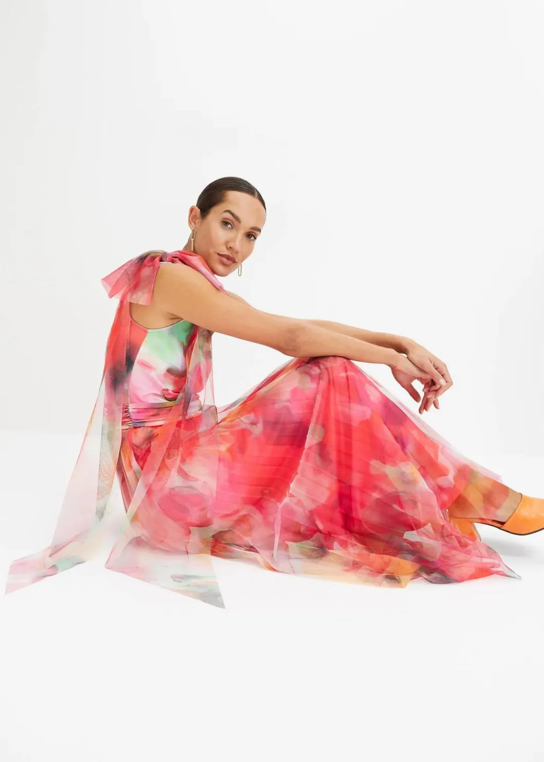 Damen bonprix Kurzgrößen|Kurzgrößen|One-Shoulder-Kleid mit plissiertem Tüllrock