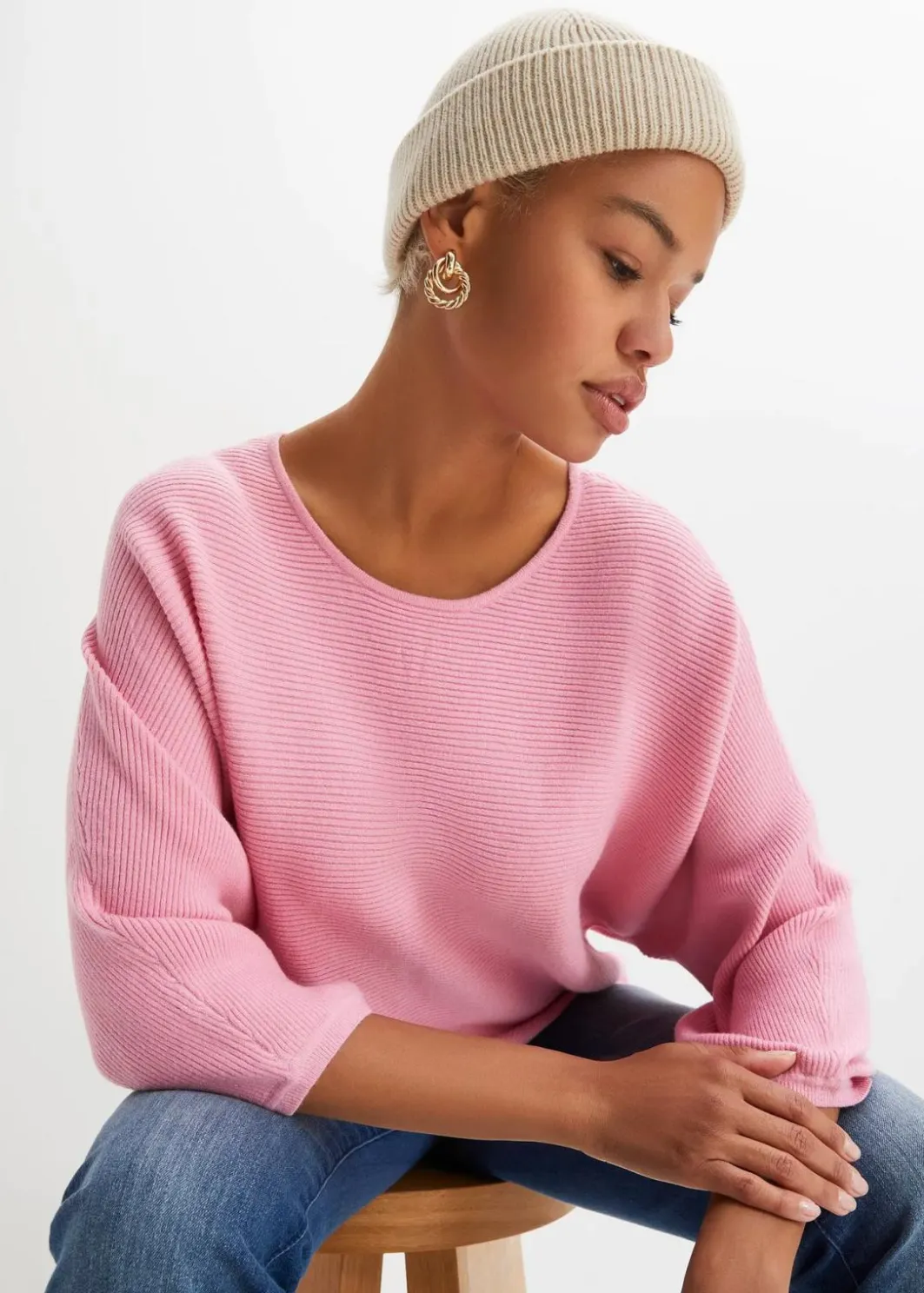 Damen bonprix Strickmode|Pullover & Strickjacken|Oversize Ripp-Pullover aus Viskose-Mix
