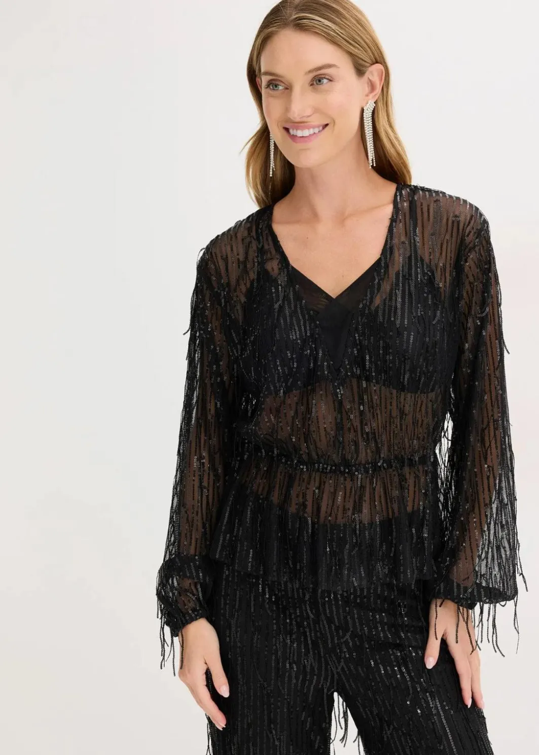 Pailletten-Bluse mit Fransen Damen Bekleidung·Jacken & Mäntel|Blusen & Tuniken