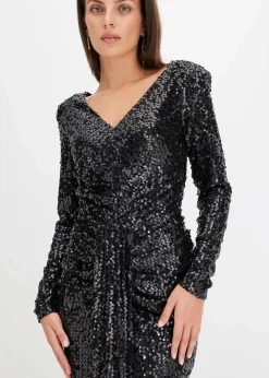 Damen bonprix Kurzgrößen|Kurzgrößen|Paillettenkleid mit Drapierung