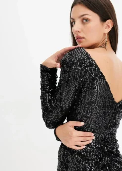 Damen bonprix Kurzgrößen|Kurzgrößen|Paillettenkleid mit Drapierung