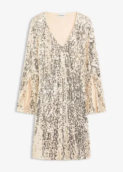 Damen bonprix Kleider|Kurzgrößen|Paillettenkleid mit Trompeten-Ärmel