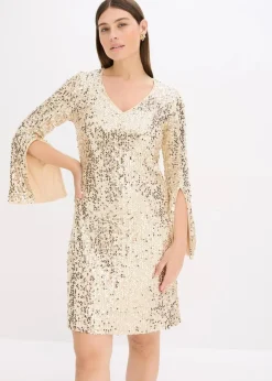 Damen bonprix Kleider|Kurzgrößen|Paillettenkleid mit Trompeten-Ärmel