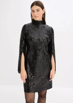 Damen bonprix Kleider|Bekleidung·Pullover & Strickjacken|Paillettenkleid mit Trompeten-Ärmel