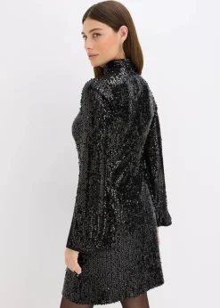 Damen bonprix Kleider|Bekleidung·Pullover & Strickjacken|Paillettenkleid mit Trompeten-Ärmel