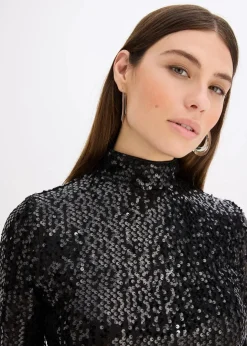 Damen bonprix Kleider|Bekleidung·Pullover & Strickjacken|Paillettenkleid mit Trompeten-Ärmel