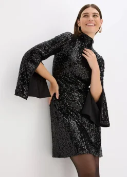 Damen bonprix Kleider|Bekleidung·Pullover & Strickjacken|Paillettenkleid mit Trompeten-Ärmel