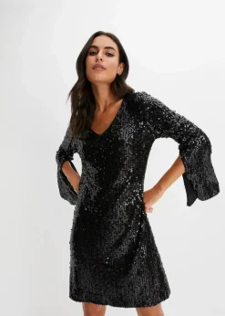 Damen bonprix Bekleidung·Pullover & Strickjacken|Kurzgrößen|Paillettenkleid mit Trompeten-Ärmel