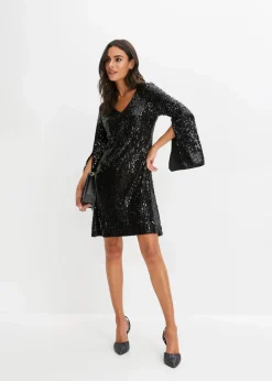 Damen bonprix Bekleidung·Pullover & Strickjacken|Kurzgrößen|Paillettenkleid mit Trompeten-Ärmel