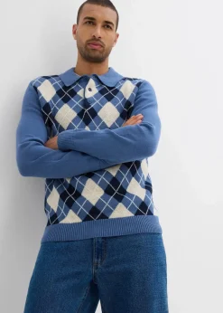 Best Polo-Pullover mit Argyle-Muster aus reiner Baumwolle Herren Große Größen|Pullover & Strickjacken