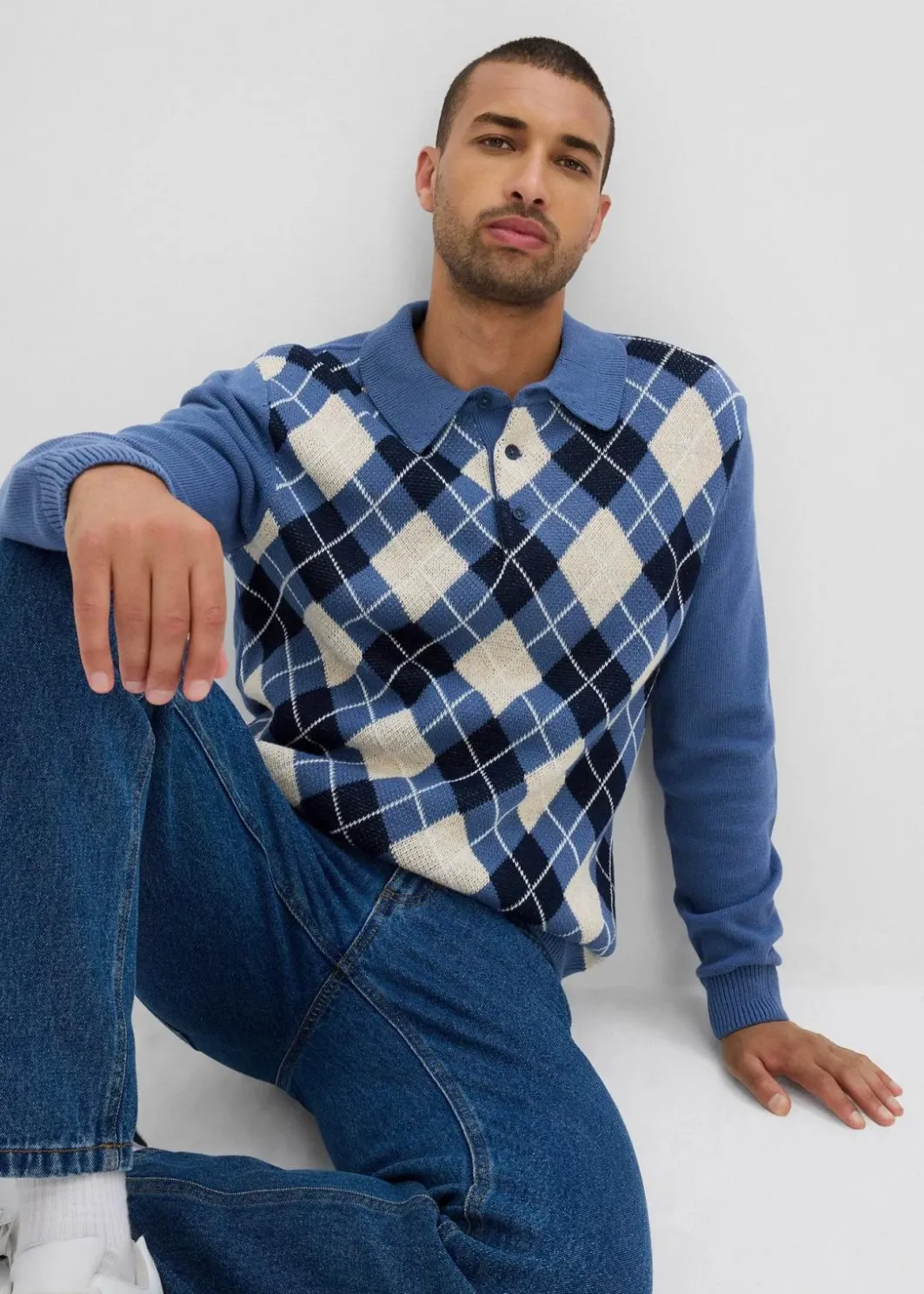 Best Polo-Pullover mit Argyle-Muster aus reiner Baumwolle Herren Große Größen|Pullover & Strickjacken