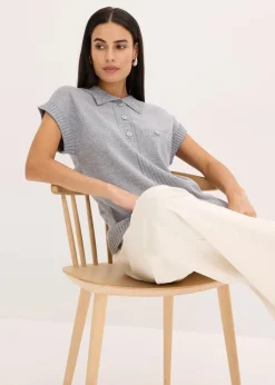 Damen bonprix Strickmode|Pullover & Strickjacken|Polo-Pullover mit Baumwolle