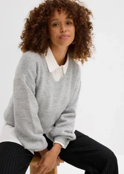 Damen bonprix Pullover & Strickjacken|Basics|Pullover mit V-Ausschnitt