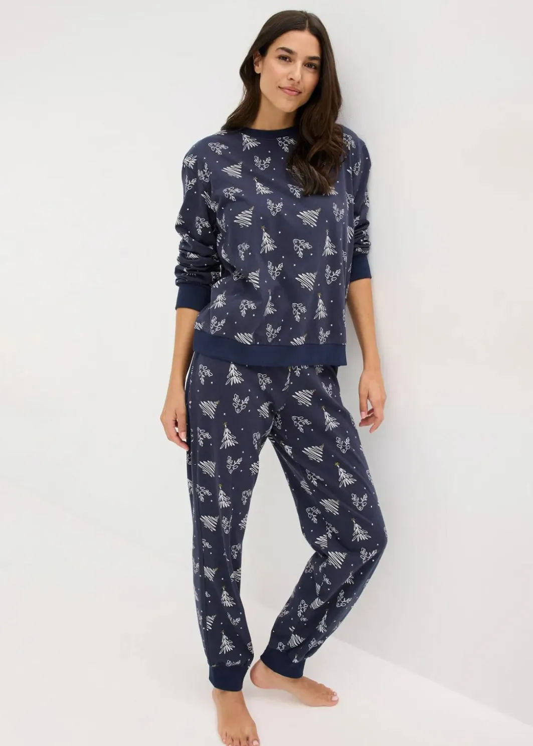 Outlet Pyjama aus reiner Baumwolle mit Glitzerdruck Damen Nachtwäsche