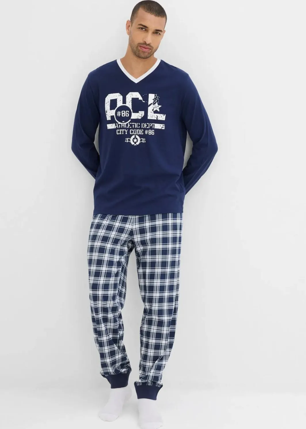 Herren bonprix Wäsche|Große Größen|Pyjama mit Baumwolle und langen Ärmeln