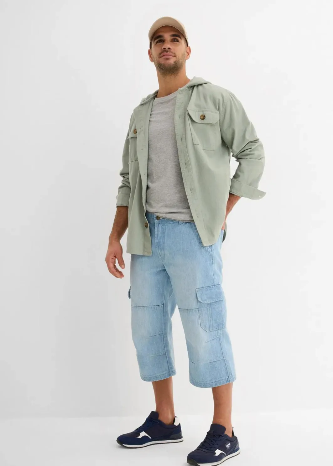 Herren bonprix Jeans|Große Größen|Regular Fit 3/4 Stretch-Cargojeans, Straight