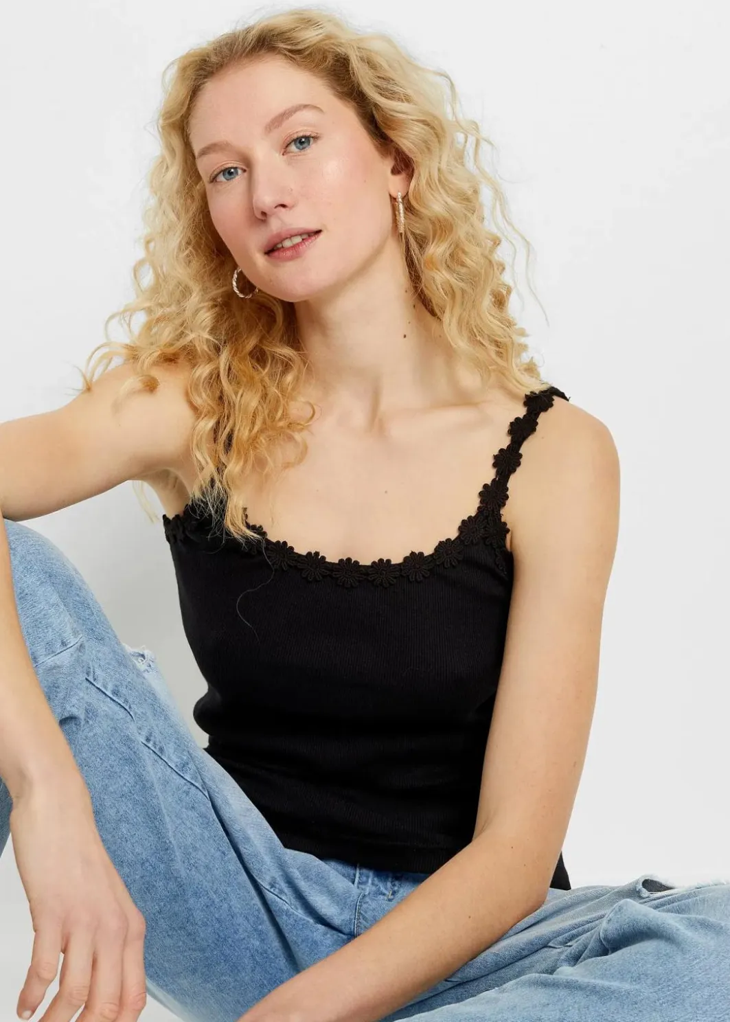 Damen bonprix Shirts & Tops|Ripp-Top mit Spitzenborte