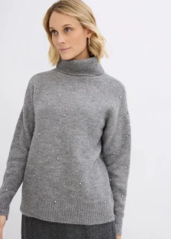 Damen bonprix Pullover & Strickjacken|Strickmode|Rollkragenpullover mit Strasssteinen