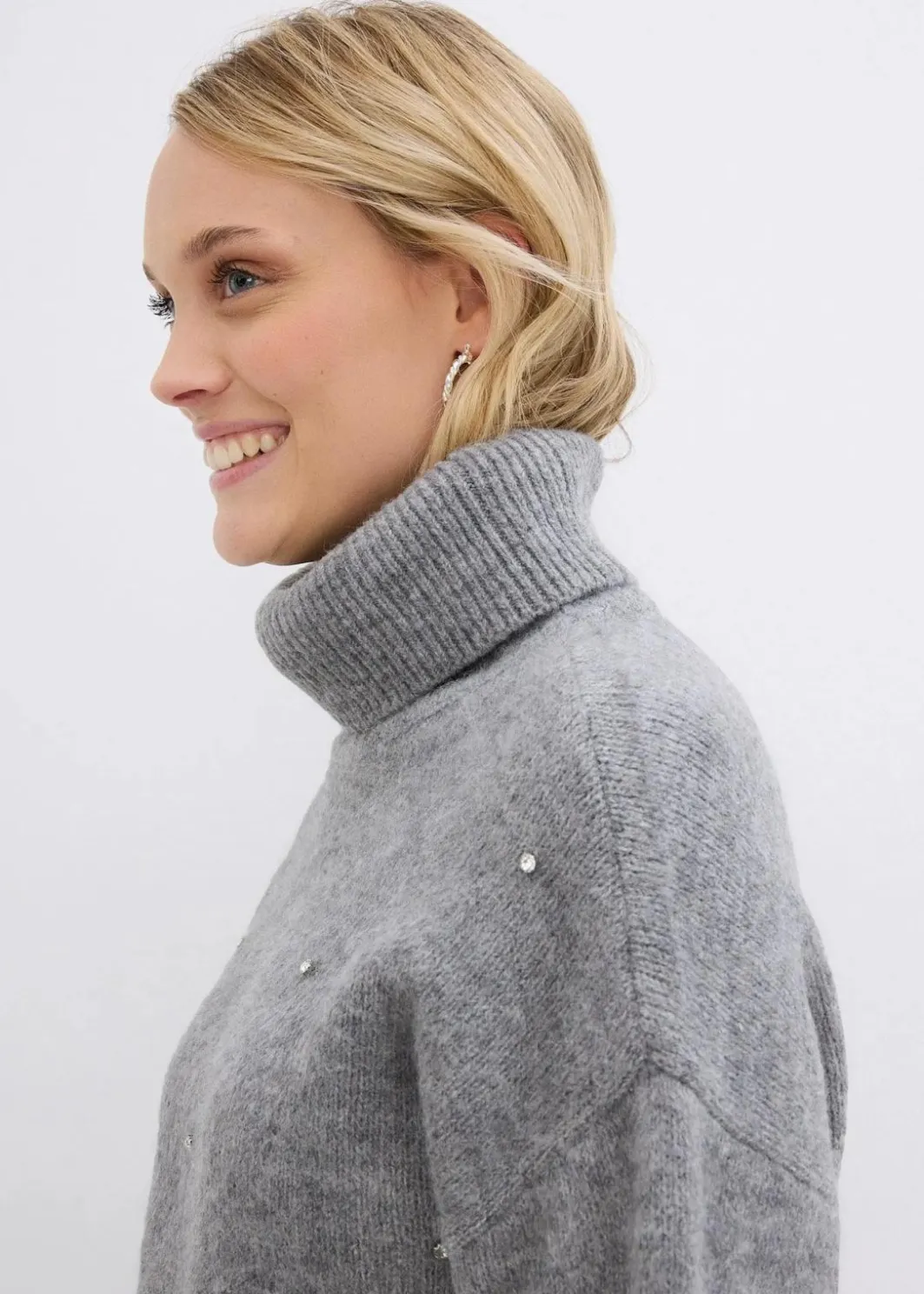 Damen bonprix Pullover & Strickjacken|Strickmode|Rollkragenpullover mit Strasssteinen