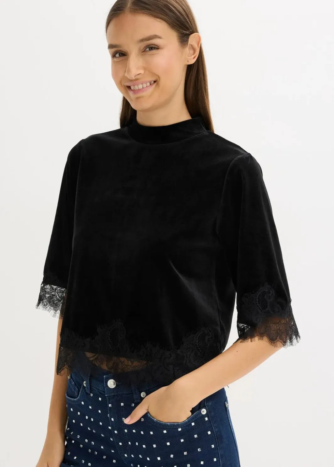 Damen bonprix Shirts & Tops|Samtshirt mit Spitze