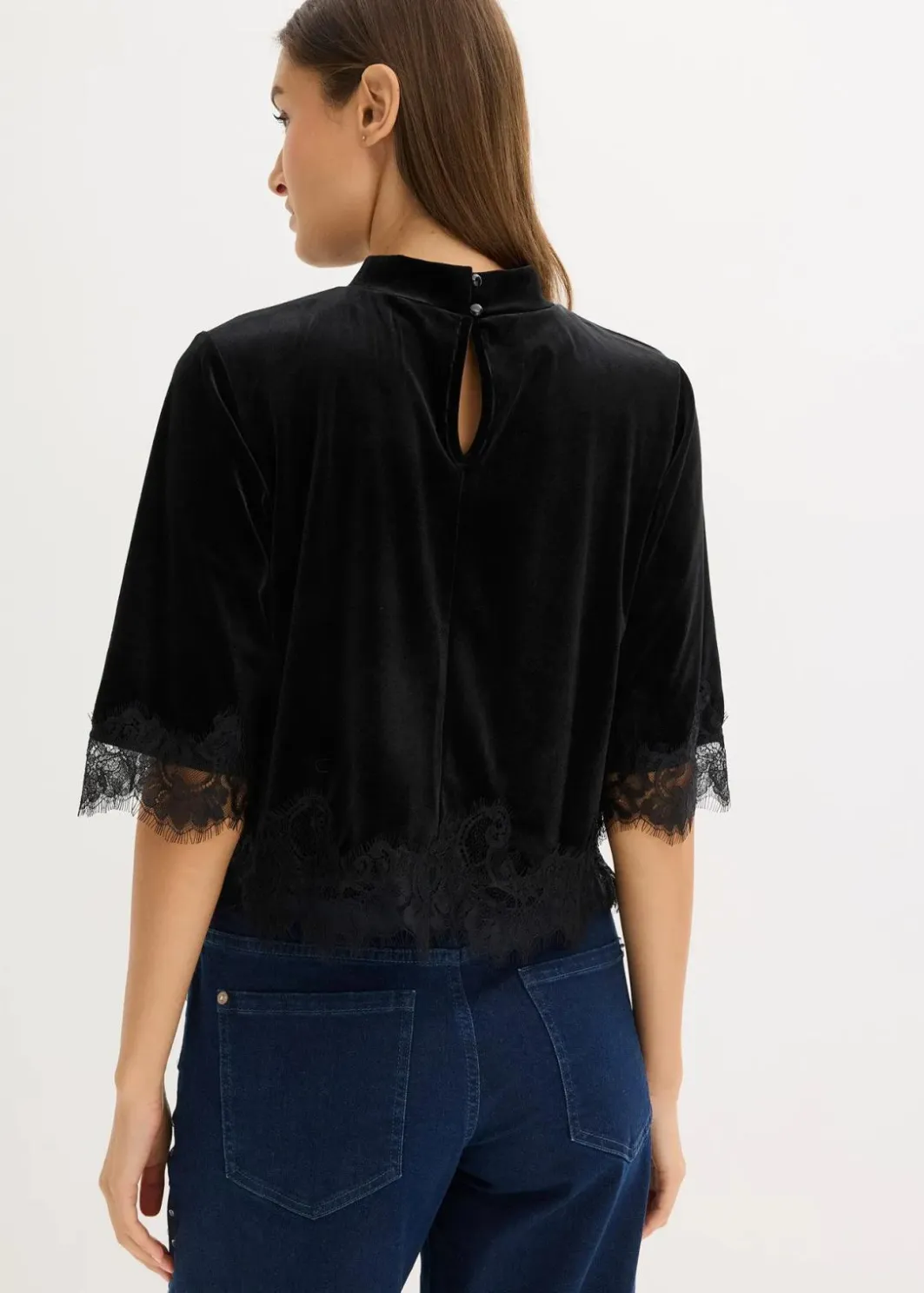 Damen bonprix Shirts & Tops|Samtshirt mit Spitze