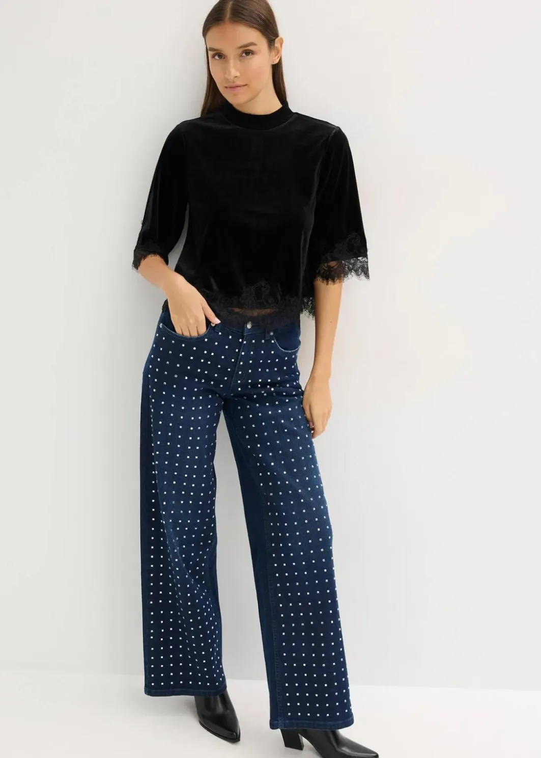 Damen bonprix Shirts & Tops|Samtshirt mit Spitze