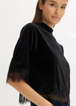 Damen bonprix Shirts & Tops|Samtshirt mit Spitze