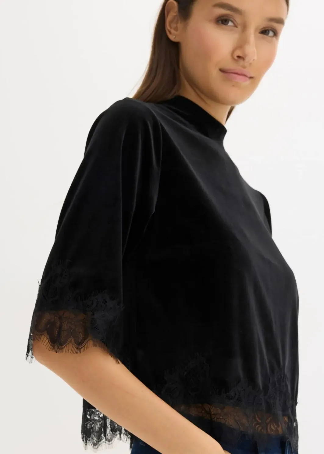 Damen bonprix Shirts & Tops|Samtshirt mit Spitze