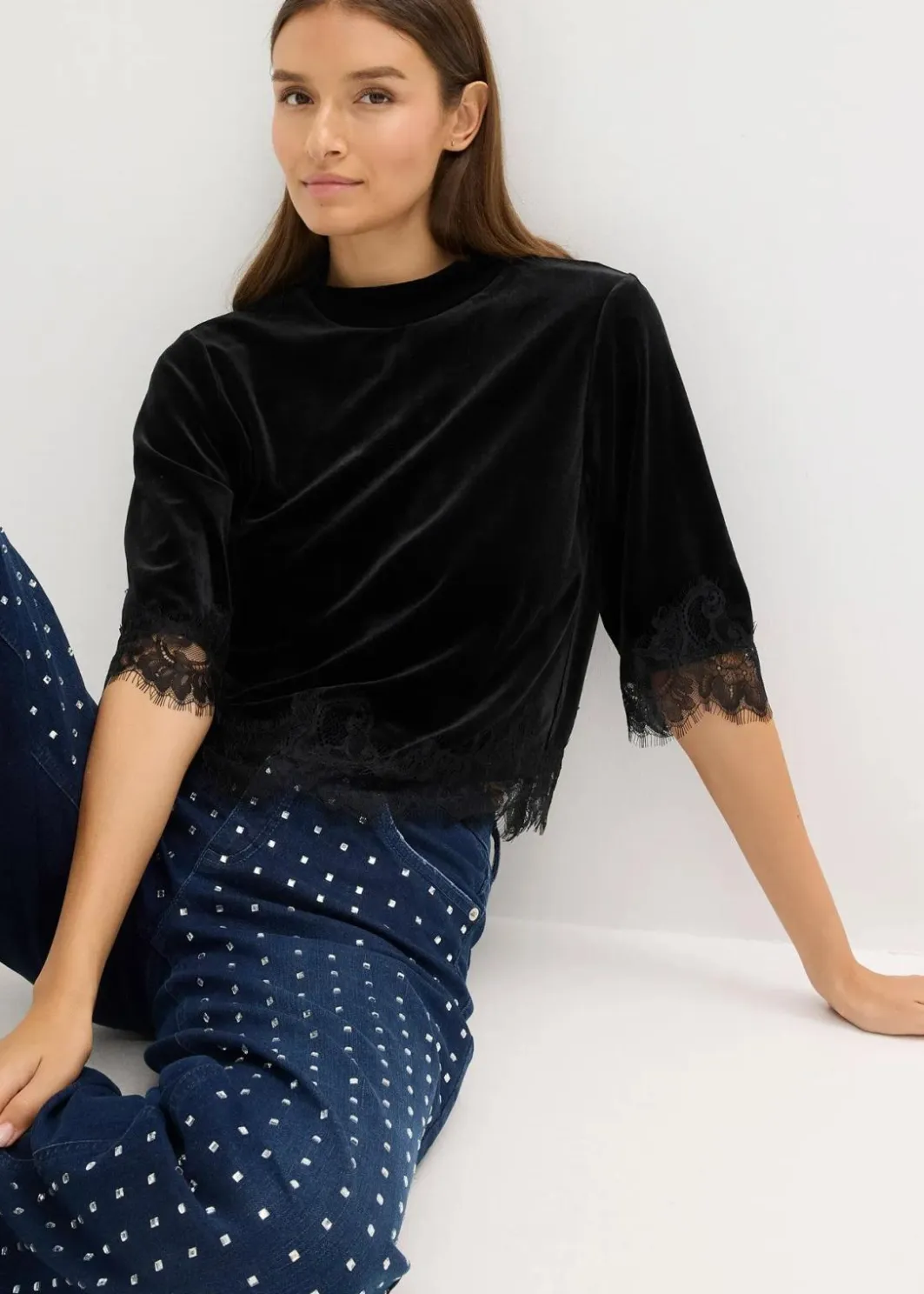Damen bonprix Shirts & Tops|Samtshirt mit Spitze
