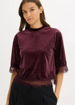 Damen bonprix Shirts & Tops|Samtshirt mit Spitze