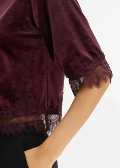 Damen bonprix Shirts & Tops|Samtshirt mit Spitze