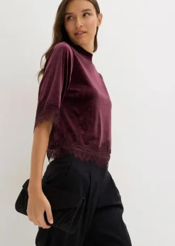 Damen bonprix Shirts & Tops|Samtshirt mit Spitze