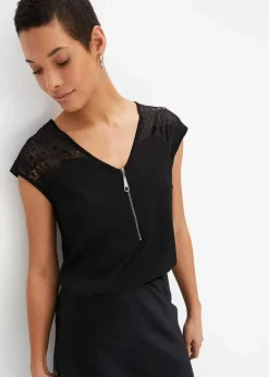 Damen bonprix Nachhaltigere Materialien|Shirts & Tops|Shirt mit Spitzeneinsatz